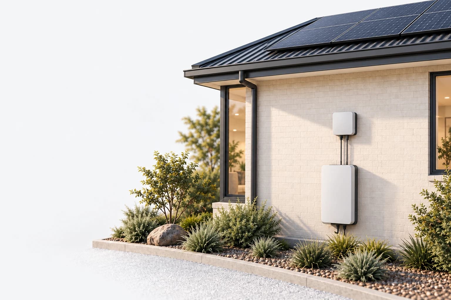 Illustrative solar inverter and battery installation on a brick home