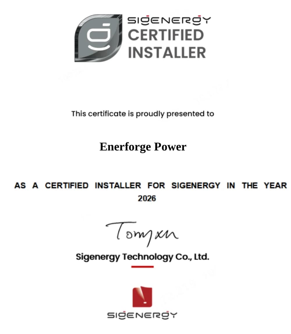 Sigenergy Certified Installer certificate issued to Enerforge Power for 2026 by Sigenergy Technology Co., Ltd.