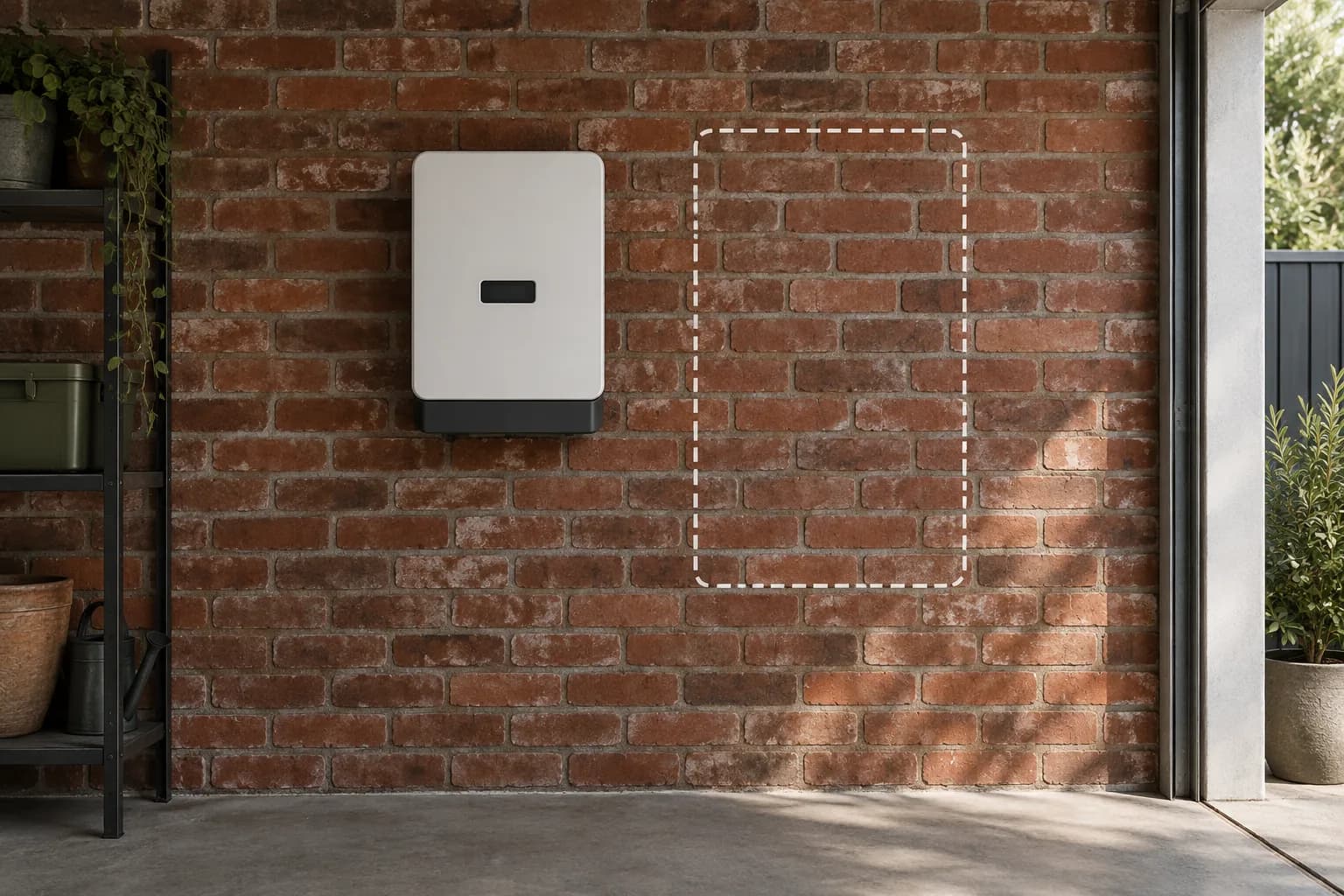 Conceptual brick garage wall with a closed inverter and an outlined planning space for a battery