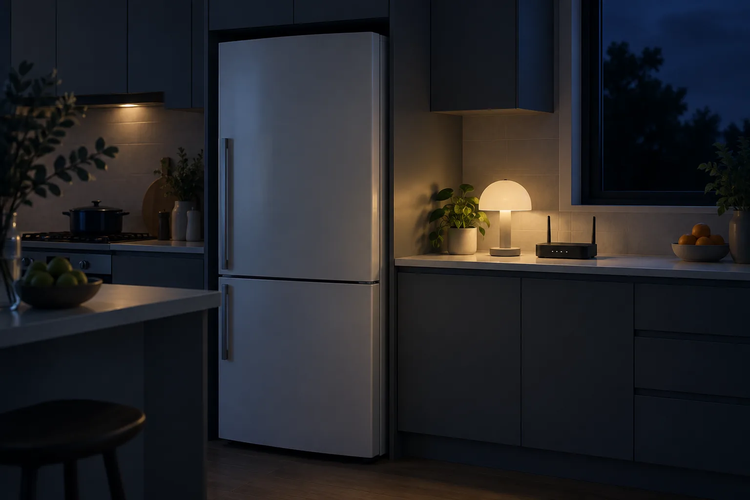Conceptual dim kitchen with a refrigerator, task lamp and router representing selected essential loads