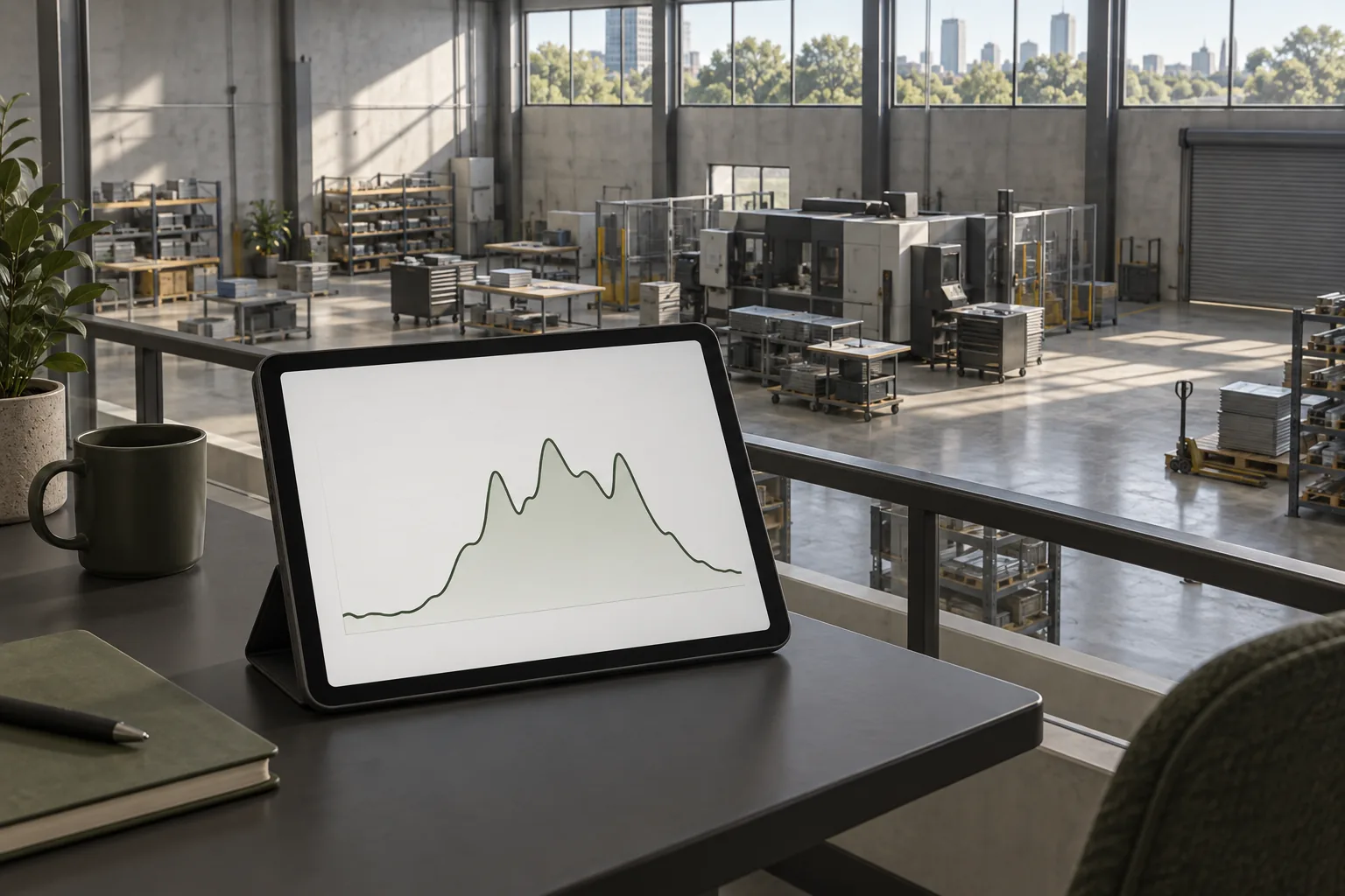 Conceptual workshop viewed from an office with a tablet displaying an illustrative load-profile line