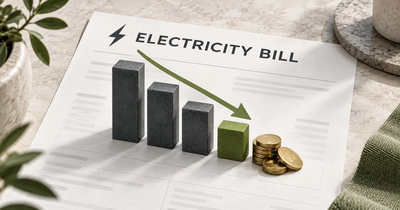 Conceptual electricity bill with descending cost columns, a green downward arrow and saved coins