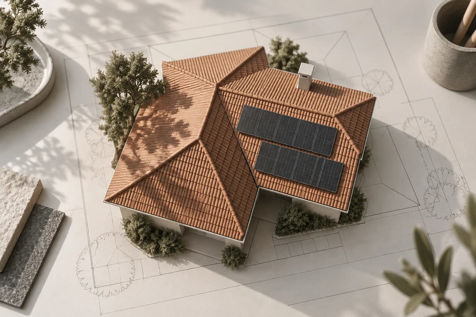Conceptual tiled-roof model with proposed panel layouts and a tree shadow