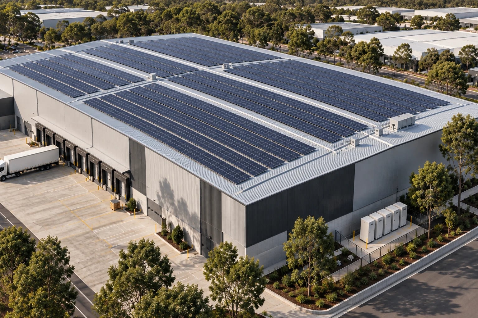 Illustrative commercial warehouse with rooftop solar and ground-level battery storage
