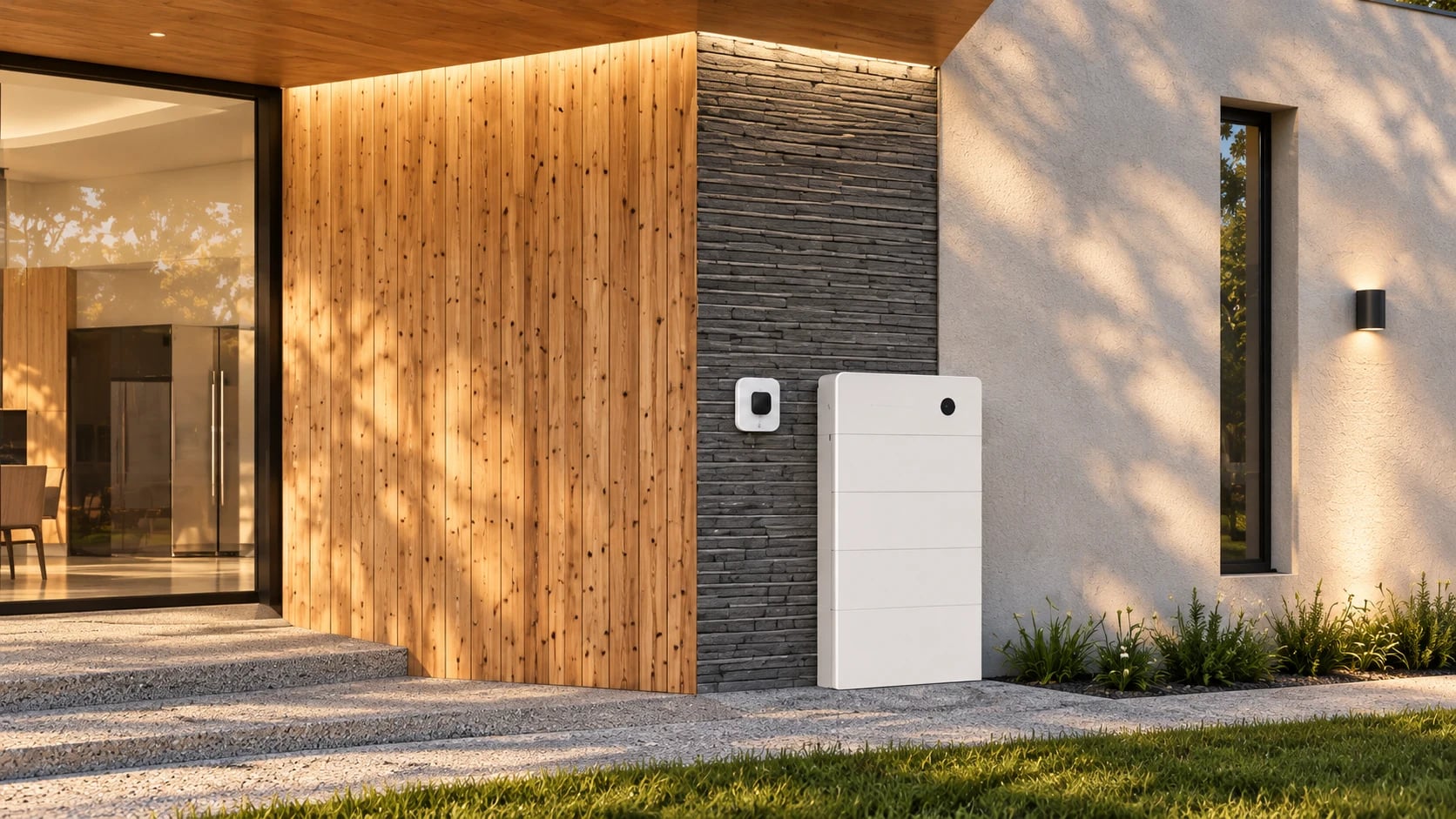 Illustrative white home battery against the same home's stone and timber facade