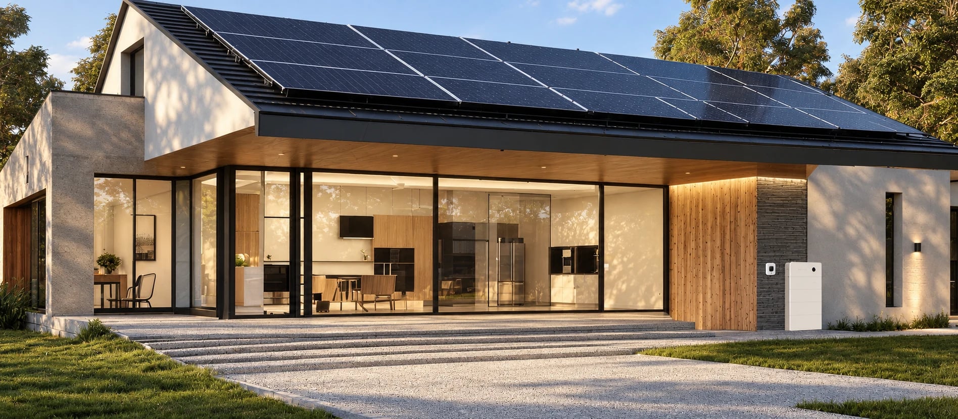 Illustrative Melbourne home with rooftop solar, natural timber cladding and a home battery