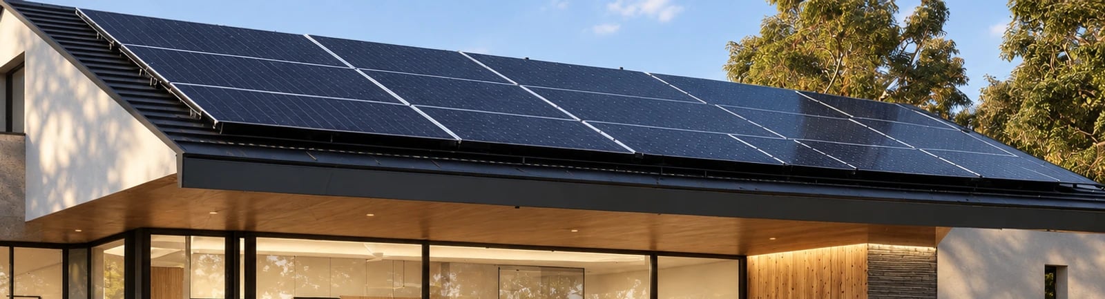 Detail of the photovoltaic panels on the illustrative home's charcoal roof