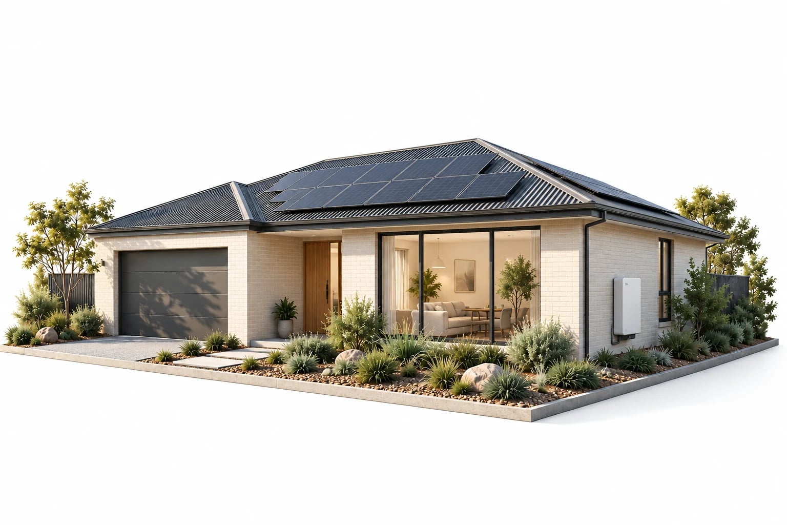 Architectural illustration of a Melbourne home with rooftop solar panels and battery storage